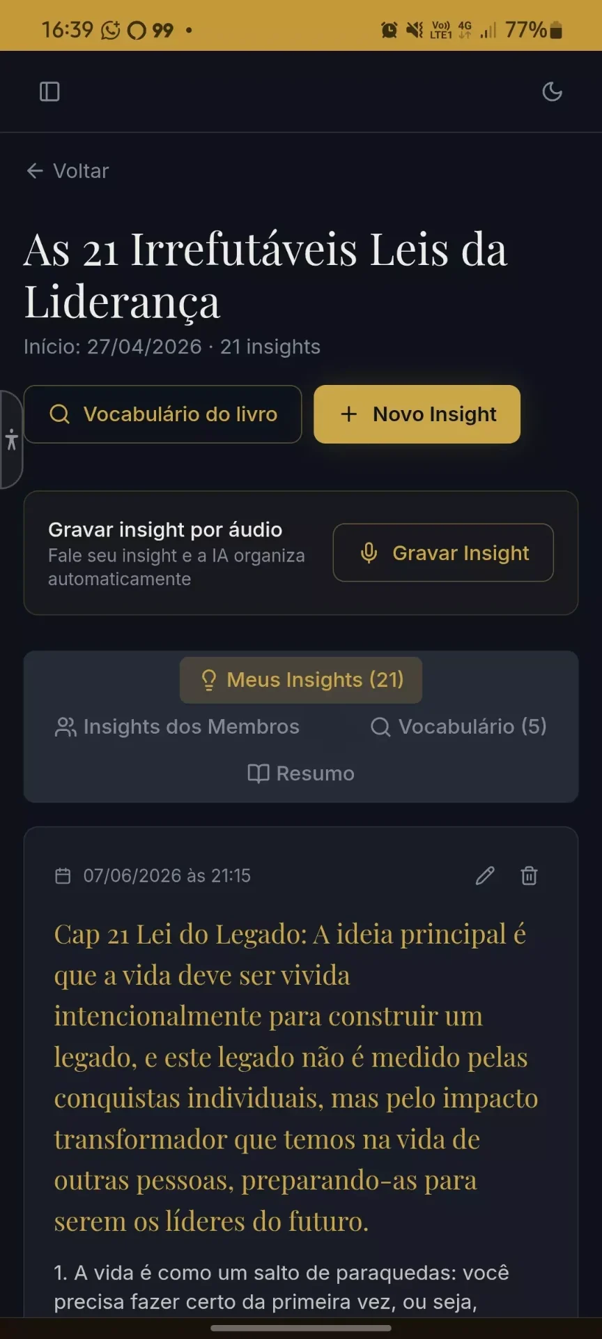 Tela de insights de As 21 Irrefutáveis Leis da Liderança