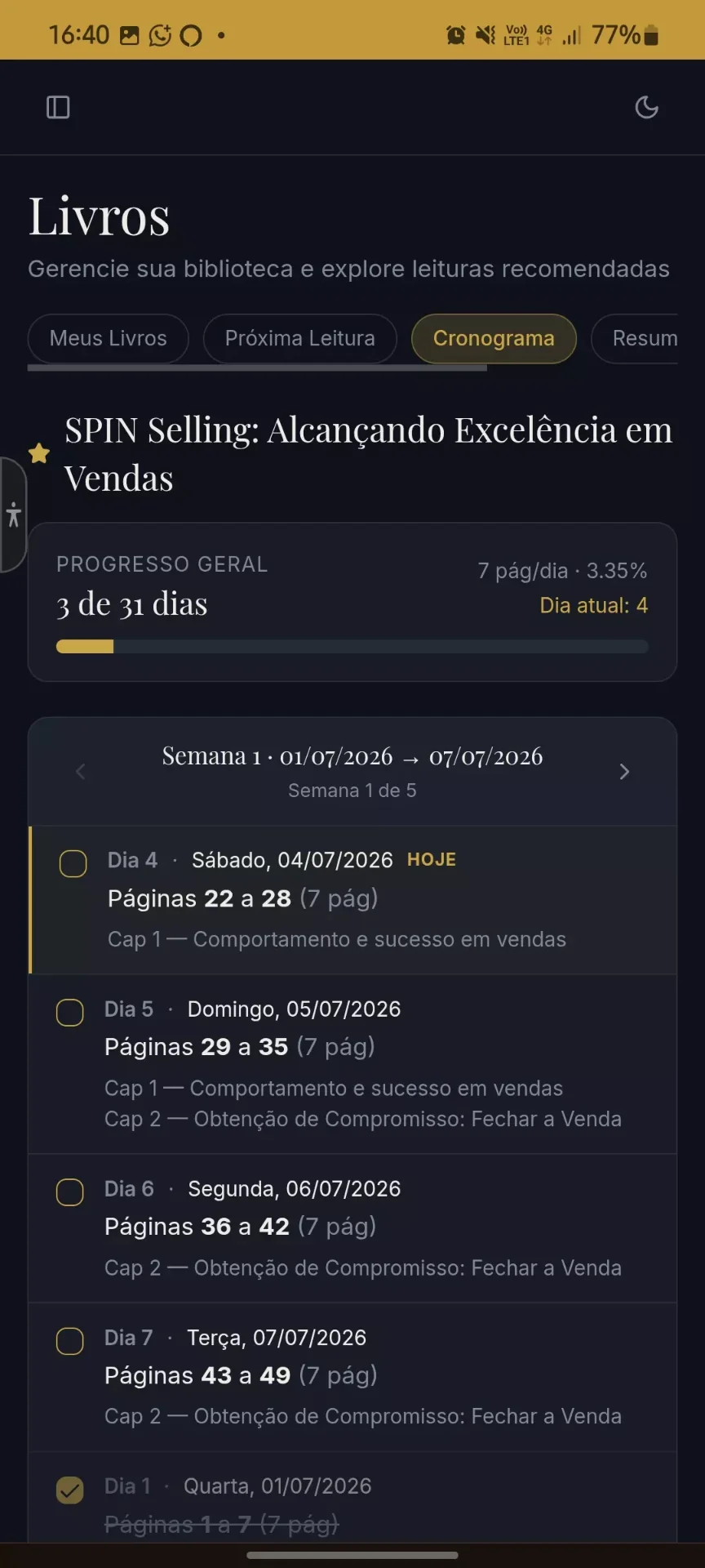 Tela do Cronograma mostrando Dia 4, páginas 22 a 28, e barra de progresso